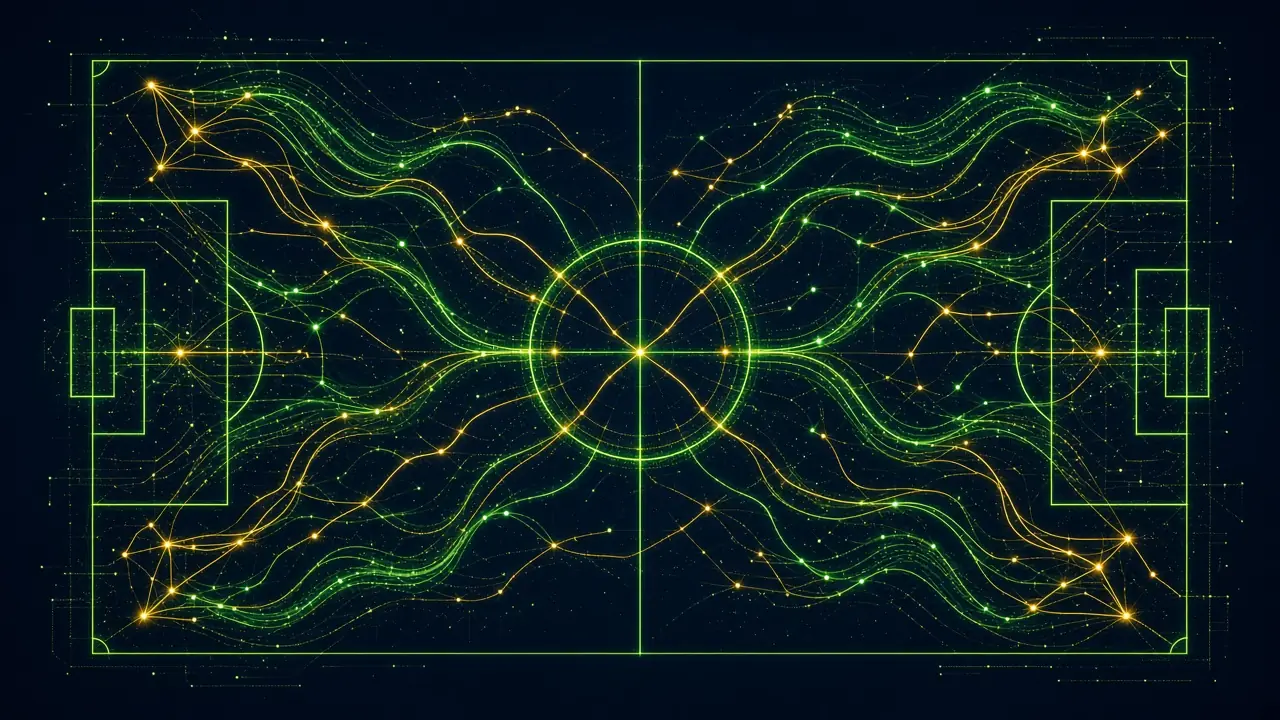 Abstract football pitch drawn with glowing data lines